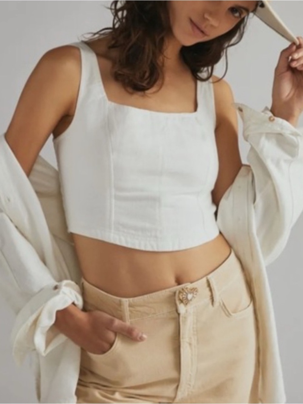 Anthropologie Pilcro White Linen-Cotton Blend Square-Neck Crop Top